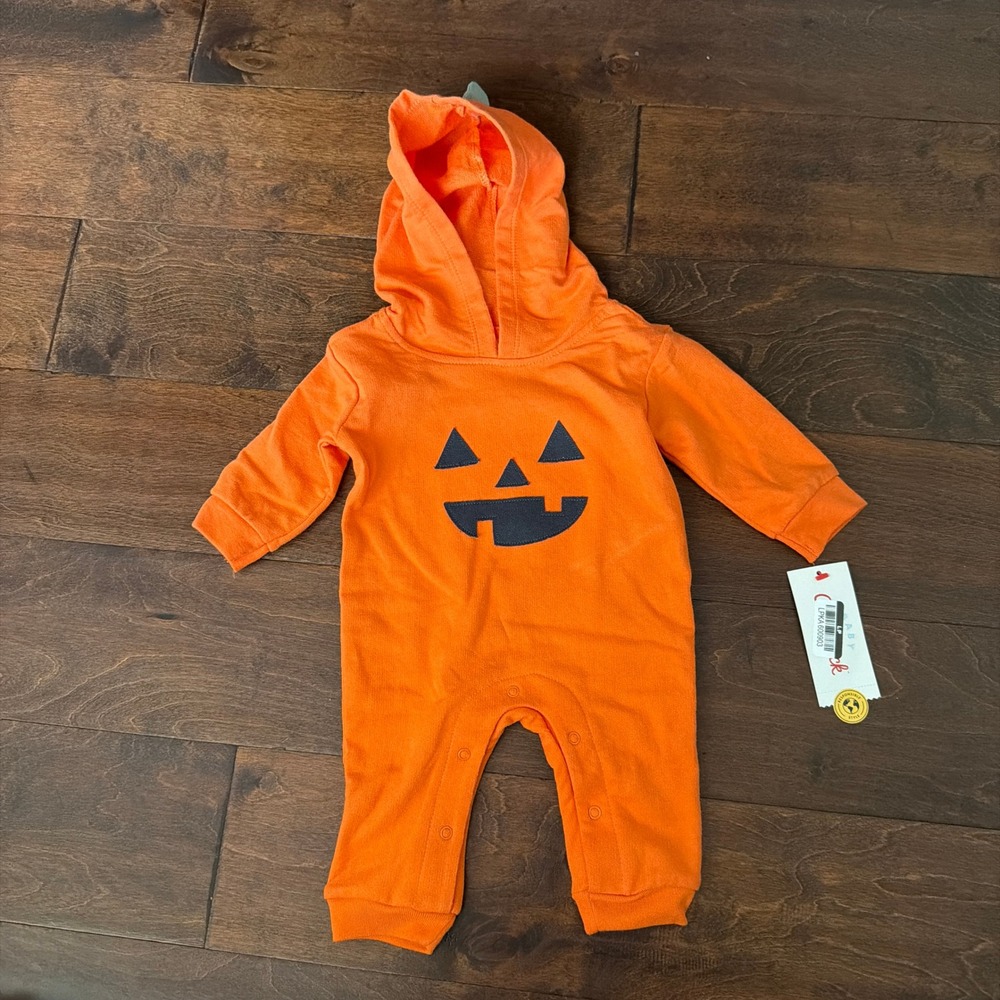 Cat & Jack Newborn Boys Girls Halloween Pumpkin Hooded Romper Orange Fleece NWT